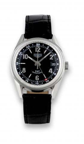 Heuer 1964 Carrera GMT Re-Edition.Heuer, GMT Automatic, 1964 Carrera Re-Edition, case No. AS 6947, Ref. WS 2113. Made in the 1990s..Fine, stainless steel, two time zone, self-winding, water-resistant, wristwatch with center seconds and a stainless steel H