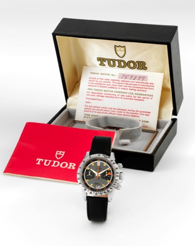 Tudor Ref. 7032 Steel Chronograph.Tudor, Oyster Date Chronograph, Ref. 7032/0, case made by Rolex, Geneva. Made in 1971..Fine, water-resistant, stainless steel wristwatch with gray dial, date, round-button chronograph, register and tachometer..Accompanied