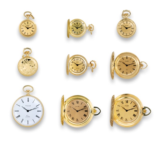 Twelve New Old Stock Pocket Watches.Favor & Stowa, Swiss. Made in the 1960s..Fine, collection of twelve new old stock gold keyless dress watches and lady