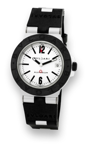 Bulgari -.Aluminum & Rubber.Bulgari, Aluminum and Rubber.Automatic, case No. M 61899, Ref. AL.38 TA. Made in the late 1990s..Fine, self-winding, water-resistant.aluminum and rubber wristwatch with.date on a hinged rubber and aluminum.strap and aluminum Bu