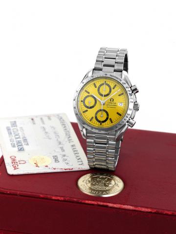 Special Japan.Omega, Speedmaster, Automatic, case No. 55096039.Ref. 351112. Made for the Japanese market, sold on June.30th, 1996..Fine and rare, asymmetric, self-winding, water-resistant.stainless steel wristwatch with round button chronograph.registers,