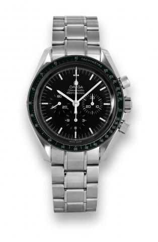 Omega, Speedmaster Professional case No..77159963, Ref. ST 357.050.00. Sold on December 15th, 2005..Fine, asymmetric, water-resistant, stainless steel wristwatch.with round button chronograph, registers, black bezel with.tachometer graduation to 500 UPH a