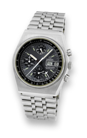 Omega Speedmaster Automatic.Omega Speedmaster Automatic, No. 39945367.Ref. 176.0016. Made in the late 1970s..Fine, tonneau-shaped, self-winding, water-resistant, stainless.steel wristwatch with day & date, round button chronograph.tachometer, central 60-m