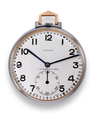 Rolex, retailed by J.B. Bafico & Hijo, No. 1005503.Ref. 2439. Made circa 1930..Fine, stainless steel and gold keyless pocket watch.