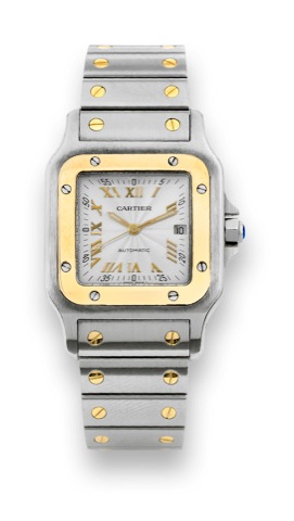 Cartier - Steel & Gold - Santos.Cartier, Santos, Automatic, case No. 409718 CD, Ref. 2319. Made in the 1990's..Fine, square, center seconds, self-winding, water-resistant, stainless steel and 18K yellow gold mid-size wristwatch.with date and an integrated