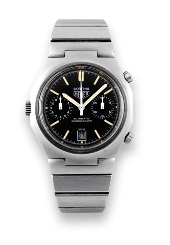 Heuer, Cortina, Automatic, Chronograph.case No. 342899, Ref. 110.233. Made in the 1970s..Fine, tonneau shaped, water resistant, self-winding, stainless.steel wristwatch with registers, date and a stainless steel.Heuer bracelet.