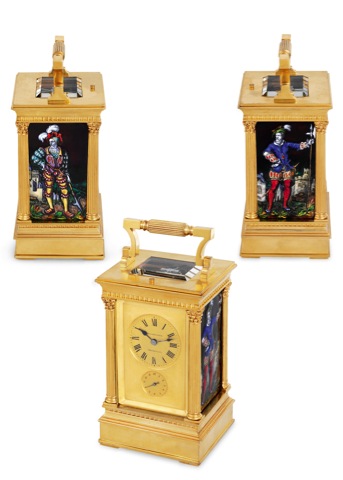French _ Carriage Clock with Limoges Enamel Panels.French, No. 2397, retailed by Miller & Sons, Piccadilly (London). Made circa 1895..Extremely fine and very rare, gilt-brass, 8-day going, hour and half-hour striking.and repeating carriage clock with Limo
