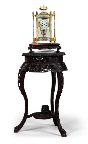 Champlev_ Enamel Table Clock.Table for The Chinese Market.Japy Freres, Paris, No. 4845, retailed by P. Kierulff & Co..Peking. Made for the Chinese market, circa 1890..Fine and rare, gilt-brass, champlev_ enamel and paste-set.8-day going, hour and half-hou