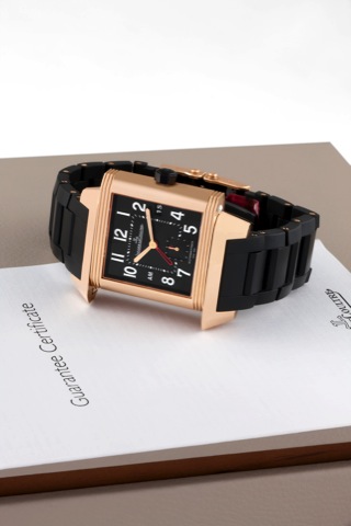 Reverso Squadra _ Hometime Black..Jaeger-LeCoultre, Reverso Squadra _ Hometime.Automatique, 1000 Hours Control, No. 067/500, case.No. 2544180, Ref. 230.2.77. Made in a limited edition of.500 examples, sold in 2009..Very fine, large, rectangular and revers