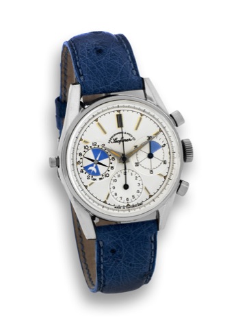 HEUER - RETAILED BY ABERCROMBIE & FITCH.Heuer, Swiss, retailed by Abercrombie & Fitch Co., made.circa 1960..Fine, water-resistant, stainless steel wristwatch with round.button chronograph, registers and memo-dial.