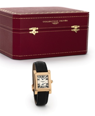CARTIER TANK A VIS - DUAL TIME ZONE.PINK GOLD.Cartier Paris, Tank Two Time Zone, No. 168 MG, Ref. 2594..Made circa 2000..Very fine and unusual, rectangular, two time zone in one.movement with jump-hour adjustment system for the second.time-zone, 18K pink 