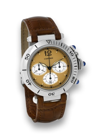 CARTIER - PASHA - QUARTZ CHRONOGRAPH.Cartier, Swiss, Pasha, case No. r 40310159, Ref. 1050 1. Made.in the 1990's..Fine, water-resistant, stainless steel quartz wristwatch with.round button chronograph, registers, date and a stainless.steel Cartier deploya