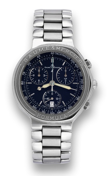 BAUME & MERCIER, FORMULA S.Baume & Mercier, Formula S, case No. 5024558, Ref. MV 04 FO 08. Made in the 2000's..Fine, chronograph, asymmetric, stainless steel quartz wristwatch Baume & Mercier stainless steel bracelet with.deployant clasp. Accompanied by a