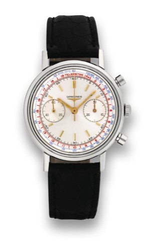 LONGINES, REF. 7413-3.CAL. 30CH STEEL FLYBACK..Longines, No. 13333595, Ref. 7413-3..Fine, water resistant, antimagnetic.shock-absorber, stainless steel.wristwatch with round button flyback.chronograph, register, tachometer and.telemeter.