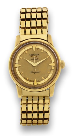 LONGINES YELLOW GOLD CONQUEST.Longines, Conquest Automatic, movement No. 9969696, case No. 396, Ref. 9001-21. Made in the 1950s..Fine, center-seconds, self-winding, water-resistant, 18K yellow gold wristwatch with the original 18K yellow.gold Longines lin