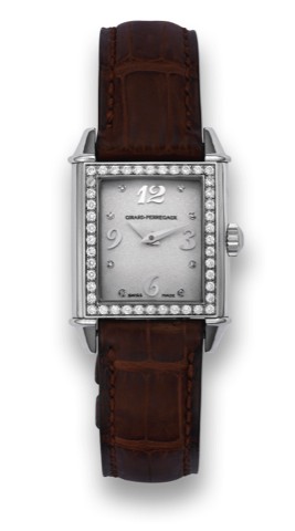 GIRARD-PERREGAUX REF. 25890 WRISTWATCH.WITH A STAINLESS STEEL & DIAMOND.Girard-Perregaux, La Chaux-de-Fonds, Vintage 1945.No. 4156, Ref. 25890. Made in the 2000s..Fine, square and curved, water-resistant, stainless steel and.diamond lady's wristwatch with