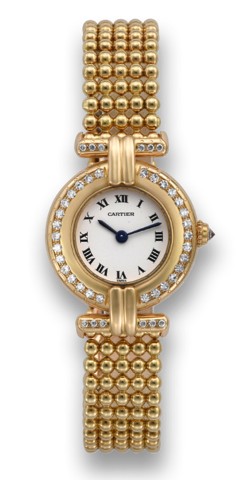CARTIER RIVOLI YELLOW GOLD & DIAMONDS.Cartier Paris, Rivoli, case No. 19801, Ref. W25029B601. Made.circa 1994, sold on July 1, 1994..Very fine and unusual, round, 18K yellow gold and diamond.lady's quartz wristwatch with an 18K yellow gold Cartier.fancy b