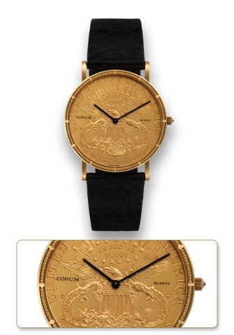 CORUM 20 DOLLAR COIN WATCH.Corum, Coin Watch, No. 352466, case No. 544277. Made.in the 1990's..Fine, 18K yellow gold wristwatch inserted in a $20 US gold.coin dated 1892 with 18K gold Corum buckle.
