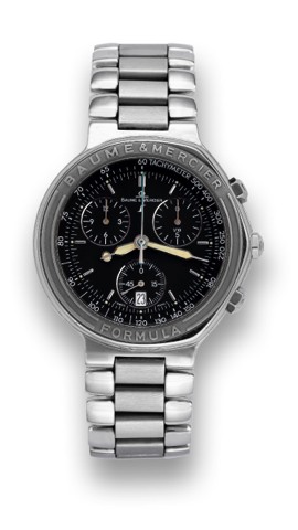 BAUME & MERCIER, FORMULA S.Baume & Mercier, Formula S, case No..5024558, Ref. MV 04 FO 08. Made in.the 2000's..Fine, chronograph, asymmetric, stainless.steel quartz wristwatch Baume & Mercier.stainless steel bracelet with deployant.clasp. Accompanied by a