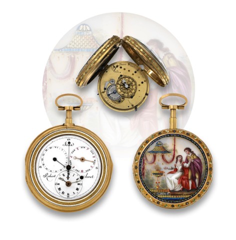 SORET _ QUARTER REPEATING & CENTER.SECONDS WATCH WITH DUAL CALENDAR.REGULATOR DIAL.Jean Robert Soret, (Geneva), No. 28815. Made circa 1790..Extremely fine and very rare, center-seconds, quarterrepeating.18K gold and painted on enamel pocket watch.with dua