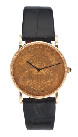 CORUM 20 DOLLAR COIN.WATCH YELLOW GOLD.Corum, Coin Watch, movement No..78292, case No. 8978113. Made in the.1980’s..Fine, thin, 18K yellow gold wristwatch.inserted in a $20 US gold coin dated.1904 with an 18K yellow gold Corum.buckle.