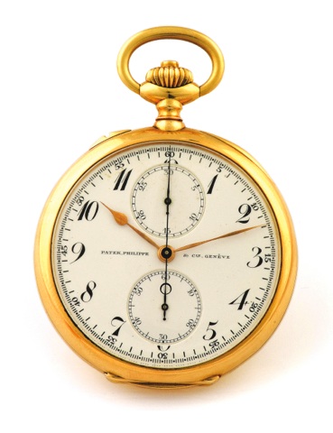 Patek Philippe Yellow Gold.Chronograph with Breguet Numerals.Patek Philippe & Cie, Genève, movement No. 156620.case No. 272501. Made circa 1910..Very fine and rare, 18K yellow gold keyless, pocket.watch with chronograph.