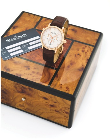 Blancpain Pink Gold Villeret.Chronographe Rattrapante.Blancpain, Villeret Chronographe rattrapante, No. 46..sold on december 5th, 2008..Very fine, self-winding, 18K pink gold wristwatch with.round co-axial button split-seconds chronograph.registers, date 