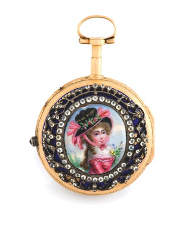 Monnier & Mussard – Montre a Portrait.Monnier & Mussard (Genève), no. 6608. made circa 1780..fine and rare, gold and painted on enamel, paste-set, pair-cased pocket watch..c. Outer: two-body, back with painted on enamel portrait of a lady, paste.frame, tr