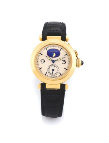 CARTIER PASHA, DATE MOON.Cartier, Pasha, case No.T101143, Ref. 30001. Made in 1992..Fine, center-seconds, water-resistant, 18K yellow gold quartz wristwatch.with date and moon phases with an 18K yellow gold Cartier deployant.clasp. Accompanied by a box.