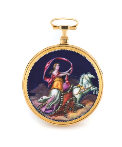GOLD & ENAMEL WATCH ‘AURORA’.Swiss, No. 5865. Made circa 1800..Fine, 18K gold, painted on enamel and paste-set pocket watch.