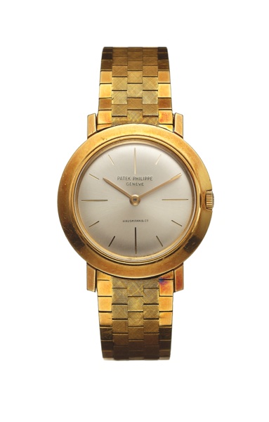 PATEK PHILIPPE REF. 2595 RETAILED BY.HAUSMANN & CO. PINK GOLD.Patek Philippe & Cie, Genève, No. 785524, case No..2607090, Ref. 2595. Made circa 1961..Fine and rare, thin, 18K pink gold wristwatch with an 18K.pink gold brick link bracelet stampe