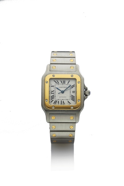 CARTIER REF. 2319.SANTOS AUTOMATIC STEEL & GOLD.Cartier, Santos, Automatic, case No. 970369 CD, Ref. 2319. Made in the 1990s..Fine, square, center seconds, self-winding, water-resistant, stainless steel and 18K yellow gold mid-size wristwatch w