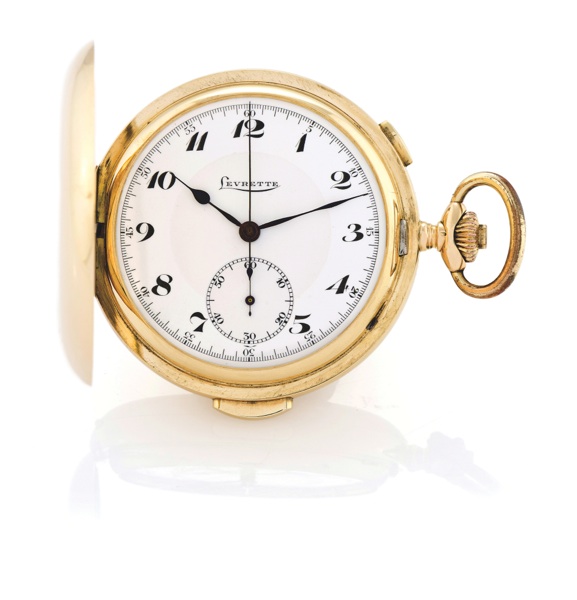 QUARTER REPEATER & CHRONOGRAPH.PINK GOLD.Levrette Watch Co., ‘Répétition’, No. 209260. Made circa.1910..Fine, large, hunting-cased, keyless, quarter-repeating.14K gold pocket watch with chronograph.