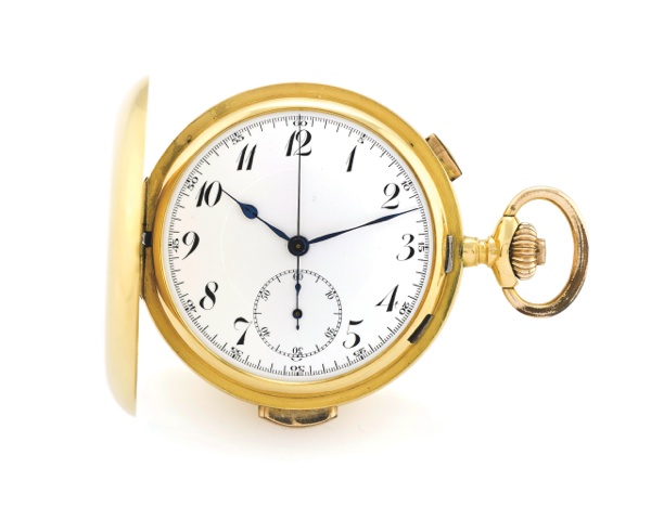 MINUTE REPEATER & CHRONOGRAPH.YELLOW GOLD.Attributed to Levrette Watch Co., La Chaux de Fonds, ‘Répétition’, No. 35995. Made circa 1900..Fine, large, hunting-cased, keyless, minute-repeating, 18K gold pocket watch with chronograph.