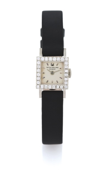 PATEK PHILIPPE REF. 3293 - PLATINUM & DIAMONDS.Patek Philippe, Genève, movement No. 982300, case No..2617806, Ref. 3293/2. Made circa 1960..Fine and elegant, square, platinum and diamond-set lady’s.wristwatch.