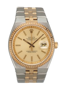 ROLEX, REF. 1630, DATEJUST, STEEL & GOLD. Rolex, “Oyster Perpetual, Datejust, Superlative. Chronometer Officially Certified,” case No. 4155046. Ref. 1630. Made circa 1974.. Fine, tonneau-shaped, center seconds, self-winding. water-resistant, stainless ste