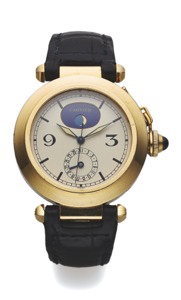 CARTIER PASHA DATE MOON YELLOW GOLD. Cartier, Pasha, case No.T101143, Ref. 30001.. Made in 1992.. Fine, center-seconds, water-resistant, 18K yellow gold. quartz wristwatch with date and moon phases with an. 18K yellow gold Cartier deployant clasp