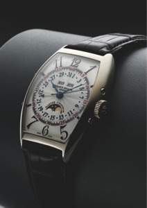 FRANCK MULLER REF. 6850. MC L MASTER CALENDAR WHITE GOLD. Franck Muller, Genève, “Cintree Curvex Master Calendar,” No. 16, Ref.. 6850 MCL. Made in the 1990s.. Very fine, oversized, tonneau-shaped, astronomic, center seconds, selfwinding. 18K white gold wr
