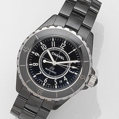 Chanel. A black ceramic automatic calendar bracelet watch