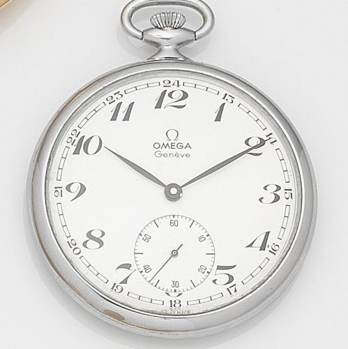 Omega. A stainless steel keyless wind open face pocket watch