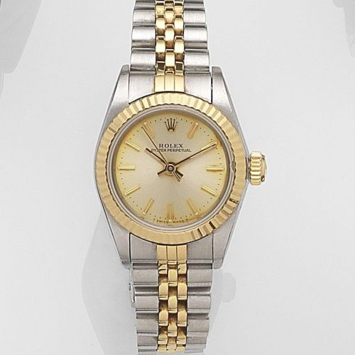 Rolex. A lady's stainless steel and gold automatic bracelet watch