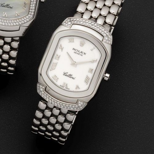 Rolex. An 18ct white gold and diamond set quartz bracelet watch