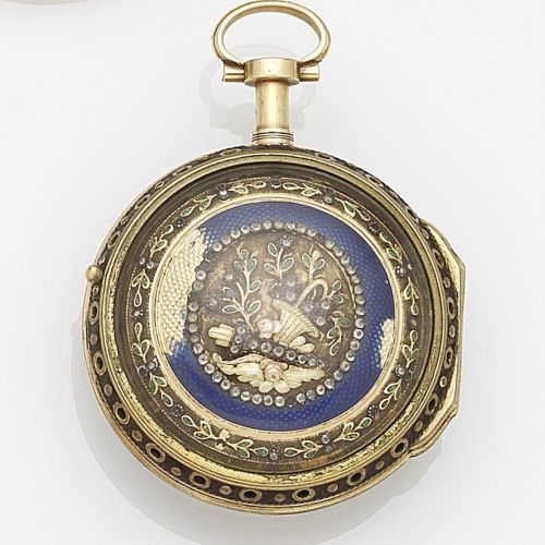 Isaac Soret & Fils. A continental gold enamel and diamond set key wind repeating pair case pocket watch