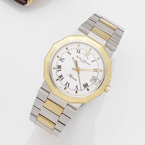 Baume & Mercier. A stainless steel and gold quartz calendar bracelet watch