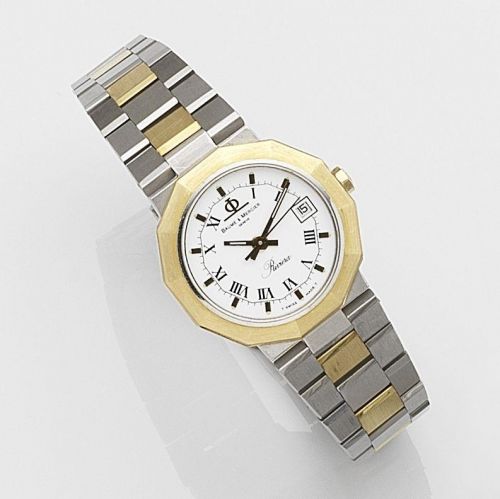 Baume & Mercier. A lady's stainless steel and gold quartz calendar bracelet watch