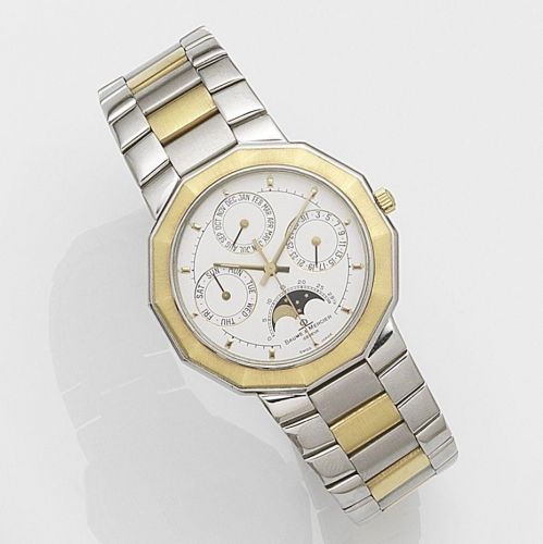 Baume & Mercier. A stainless steel and gold quartz calendar bracelet watch with moon phase