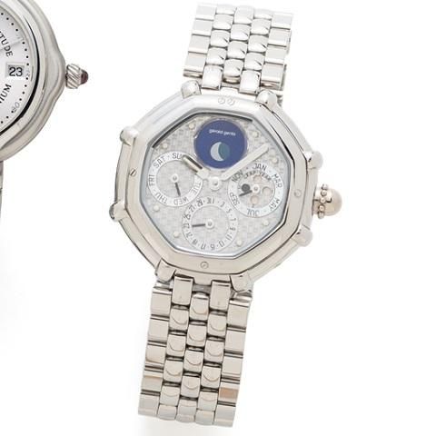 Gerald Genta. A stainless steel and mother-of-pearl automatic perpetual calendar moon phase bracelet watch