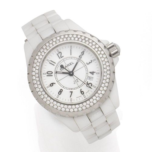 Chanel. A lady's ceramic and diamond set quartz calendar bracelet watch