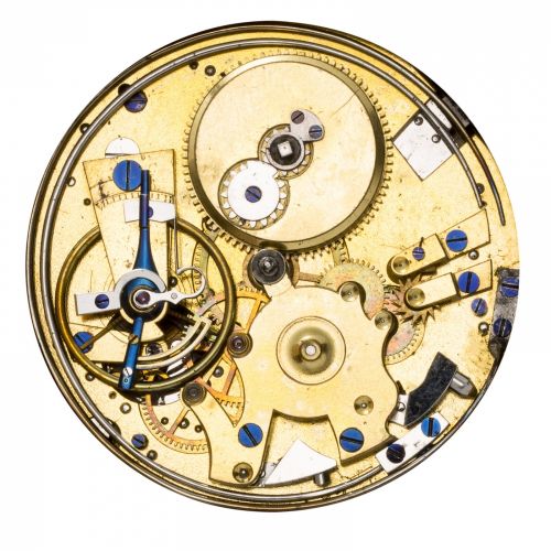 Charles Oudin, Élève de Breguet. A fine and rare 18K gold open face quarter repeating watch with regulator dial and calendar