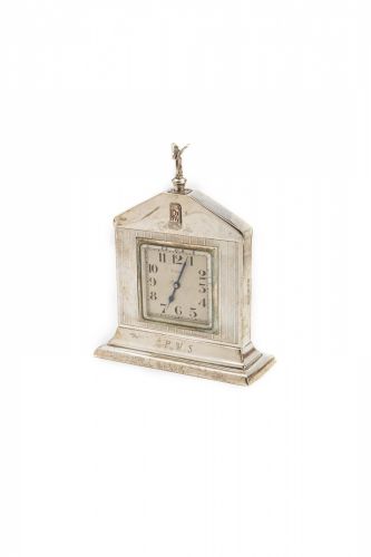 A silver clock desk piece by Saunders & Shepherd, 1927 Rolls-Royce Christmas gift